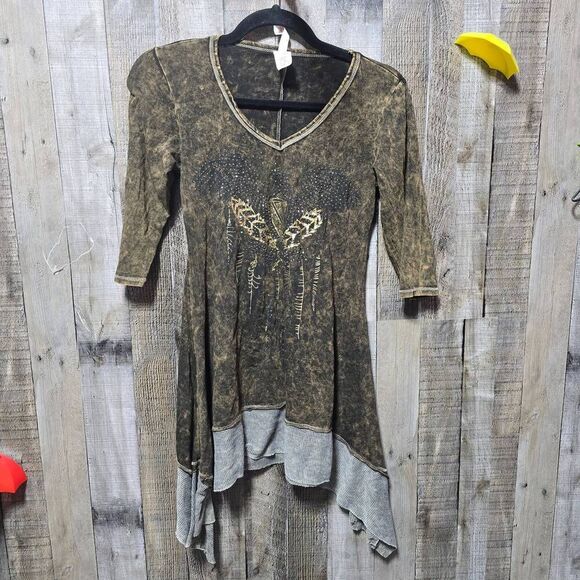 Liberty Wear Vintage Y2K Brown Acid Wash McBling Tunic Top - Picture 1 of 5